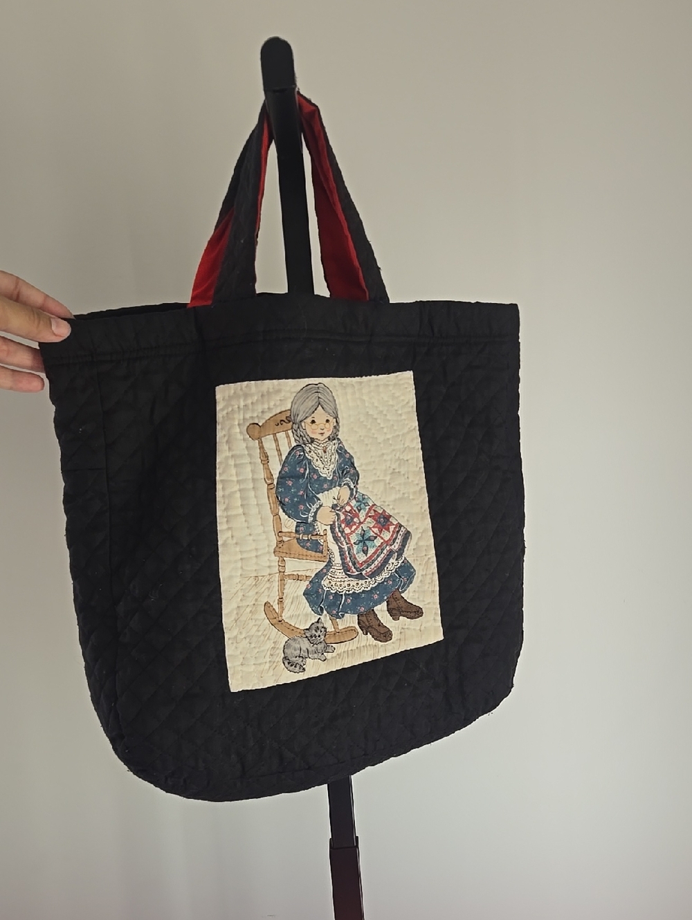Handmade Upcycled Quilted Black Tote Bag with Grandma And A Kitten-m